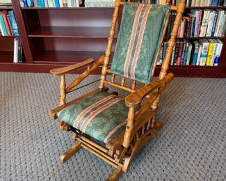 Antique 1890's Victorian Spool upholstered oak platform rocking chair
