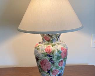 Hand painted pink floral & berries table lamp