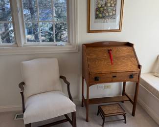 Cream upholstered walnut armchair; Antique mission style oak writing desk 