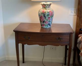 Early American Mahogany Tea Table;  hand painted pink floral & berries table lamp