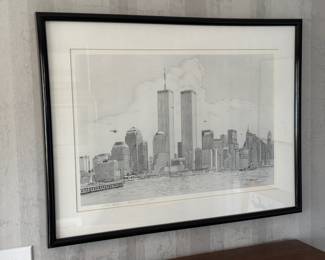 NY City Skyline Drawing of the World Trade Center; signed and numbered, by Tim Halpin