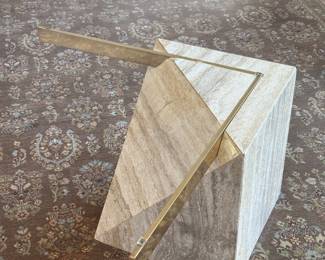 Vintage Mid-Century Modern Travertine Stone & Brass Square Glass Cocktail Table by Artedi  