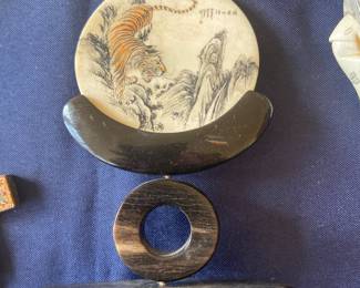 Vintage hand painted tiger plaque on stand 