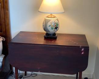 Antique mahogany dropleaf table; vintage Asian inspired, fruit motif Wildwood table lamp 