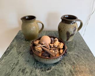 Handmade signed green pottery