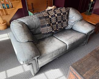 Gray/Blue leather loveseat; vintage reversible handmade Welsh blanket/tapestry/bedspread (Navy/Tan) 
