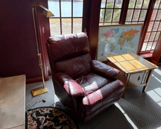 Frederick Cooper Brass Floor Lamp; Red Leather LazyBoy recliner 