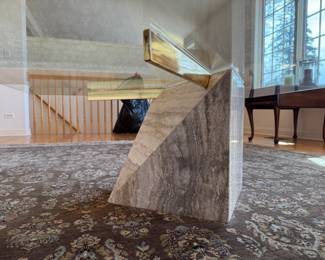 Vintage Mid-Century Modern Travertine Stone & Brass Square Glass Cocktail Table by Artedi  