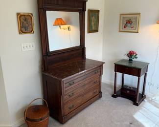 Antique Victorian Style 3-drawer dresser and mirror with rose marble top 