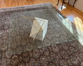 Vintage Mid-Century Modern Travertine Stone & Brass Square Glass Cocktail Table by Artedi  