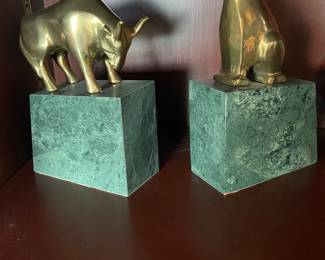 Wall Street Bull and Bear marble and brass bookends