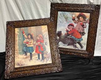 Antique Framed Vintage Two Girls with Gifts Wreath  Snowball Fight by Frances Brundage