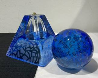 Handmade Art Glass Oil Lamp Made in Poland Cobalt Blue Bubble Glass Paperweight