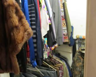 There is a nice variety of women’s clothing from casual to dressy.
	Sizes range from: L-SM in tops / Pants 29 Regular, but vary / Shoes 8.5
VTG mink stole and wrap
VTG Navy uniforms, VTG kid's clothes
Camo hunting coveralls

