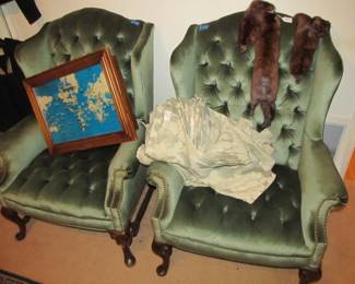 Beautiful green Queen Anne wing back tufted chairs