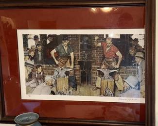 Signed & numbered Norman Rockwell Lithograph, 1970s "Horseshoe Forging Contest"