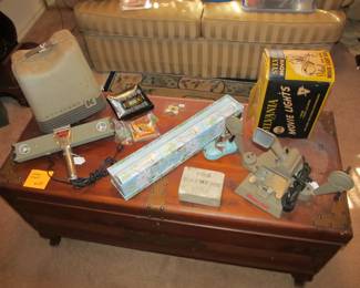 Vtg movie projector, vtg light bar, and vtg editor