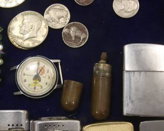 Keebler Watch, Antique Pill Shape Trench Lighter, Kennedy Half Dollars, Buffalo Nickels