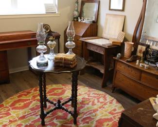 Wool Round Rug, Oil Lamps, Antique Furniture