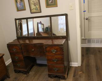Antique Burlwood Desk, Antique Three Panel Mirror