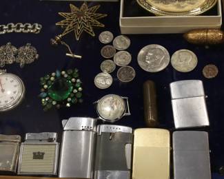 Lighters, Coins, Vintage Brooches