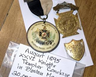 Contents of 7 different estates and families items under one roof!! Much costume jewelry and related items from 2 different families. "XXVI Triennial Conclave K. T. Boston, Mass. Aug. 1895" Masonic medal. "Turnfest Topeka, Kans. 1898" pin.
