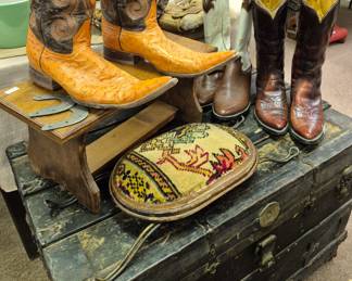 Much primitives, western and rustic items. Primitive wood trunk, western folding stool and vintage western boots