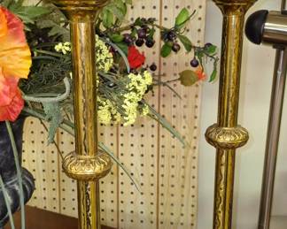 Much brass, silverplate and copper. Pair 19" brass religious 2 pcs. candlesticks