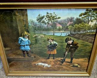 Much framed artwork. 1903 framed Victorian print "Last Honors to Bunny"