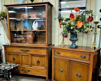 Sold wood furniture. Sideboard and 2 pcs. hutch w/ sliding glass doors