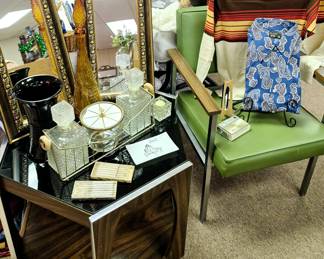 Much MCM items. Glass and chrome cocktail table and chartreuse vinyl chair