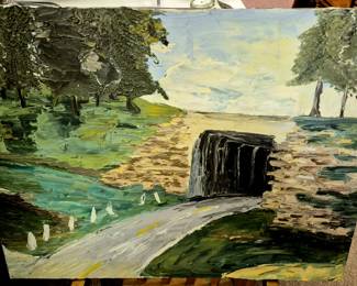 Vintage oil Corby Pond and Parkway Bridge painting by local artist 