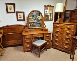 5 pcs. vintage walnut bedroom set-chest of drawers, vanity w/ bench, headboard and footboard 