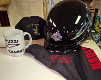 Never worn Harley Davidson motorcycle helmet sz. XL w/ bag and Moto Guzzi items