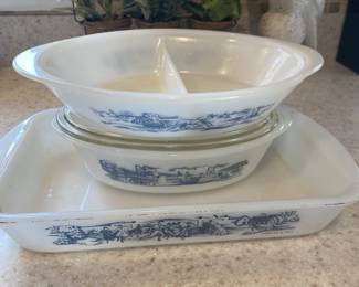 Vintage Glassbake Currier & Ives Blue 3 pc set 