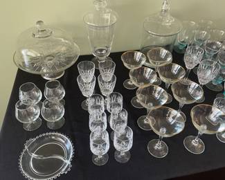 Martini glasses with gold rim, covered cake plate and glass decanters