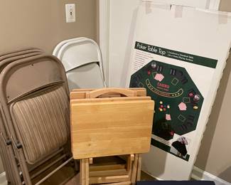 TV trays (4) with stand, folding chairs, poker table topper, and portable coolers (2)