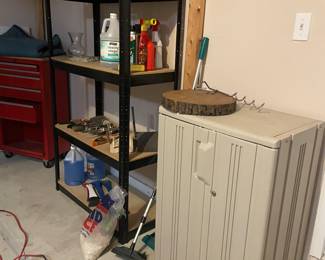 plastic storage cabinet, shelves and toolbox