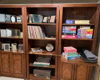 Bookcase wall unit - 3 sections (2 have lower cabinets and one has a drop-down top - great for a bar cabinet - shown with frames, LPs, puzzles and more!
