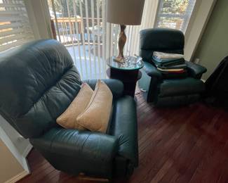 L-Z Boy Leather recliners - matched set of two:  Like new; round swivel side table with 3 tiers (matched set of 2 available and brushed gold table lamp