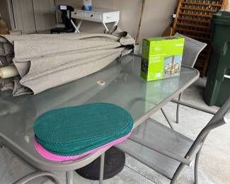 View of Patio table with umbrella and stand and patio table lights:)