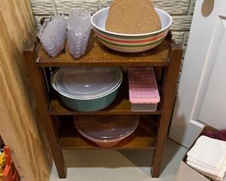 Outdoor bowls, corn holders and wood shelf