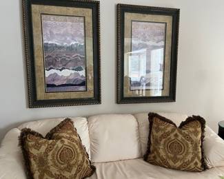 Leather couch, Euro sham pillows, and large scale prints