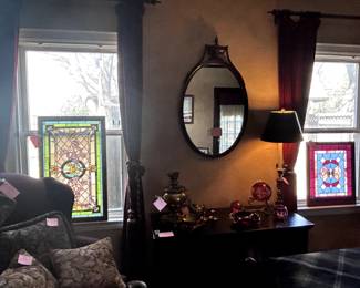 Stained Glass Art - Antique furnishings and oval mirror