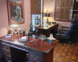 office furniture, steins, sculptures, desk lamp, and large Indian wall art