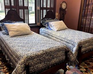 Art Deco circa 1930s Burl Walnut Twin Beds - Laura Ashley Reversible comforters