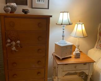 6-drawer chest of drawers and Ethan Allen nightstand, lamps and southwest art and decor 