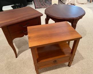 Ethan Allen 2-drawer nightstand, Ethan Allen round side table, and Baker - Milling Road nightstand