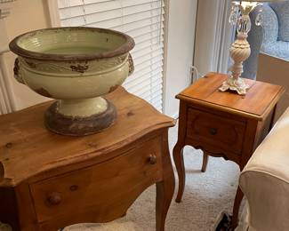 Pine side tables / nightstands, pottery and table lamp