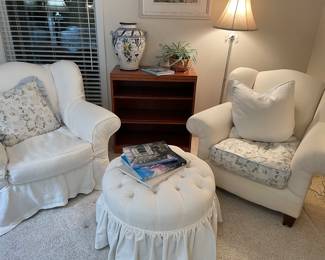 Crate & Barrel slip-covered armchairs - white linen, and Ethan Allen tufted ottoman, bookcase, Italian pottery, and floor lamp